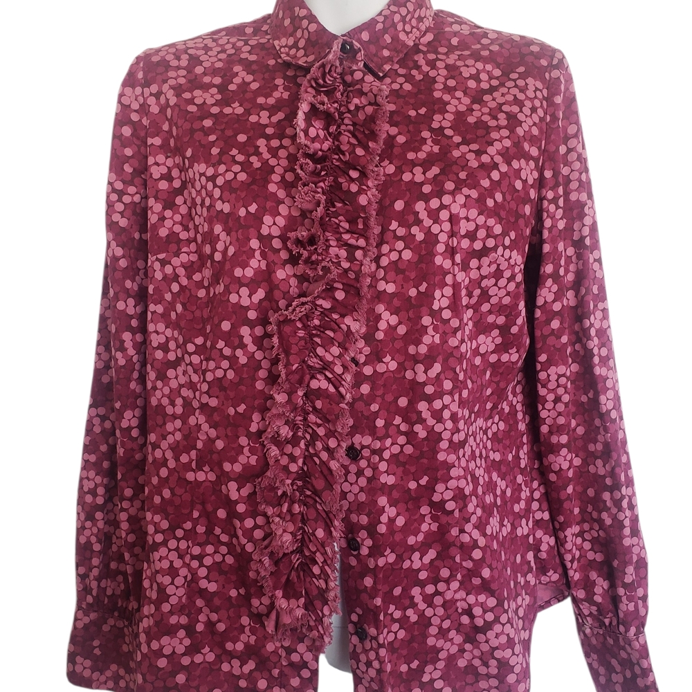 New York & Company Burgundy & Pink Bokeh Ruffle Front Polka Dot Blouse